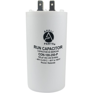 Appli Parts Condensador Capacitor de Marcha 100 Mfd uF (microfaradios) 250VAC CBB60 Cuerpo plastico para bombas de agua y otras aplicaciones Redondo 11.4cm Alto 5cm Diametro UL E476928 CON-100-250-P