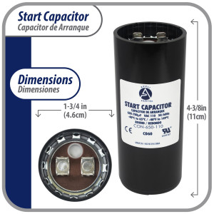 Appli Parts Condensador Capacitor Arranque 650-780 Mfd (microfaradios) uF 110-125 VAC remplazo universal para motores electricos de distintas aplicaciones 4.6cm Diametro 11cm Alto CON-650-110
 Appli Parts Condensador Capacitor Arranque 650-780 Mfd (microfaradios) uF 110-125 VAC remplazo universal para motores electricos de distintas aplicaciones 4.6cm Diametro 11cm Alto CON-650-110