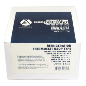 Appli Parts Termostato de refrigeracion para neveras, congeladores, exhibidores frios SPST Entrada fria -17.5 C Corte frio -24 C Corte Caliente -10 C Capilar 1200 mm remplaza K50P-1126 APRT-1126 Appli Parts Termostato de refrigeracion para neveras, congeladores, exhibidores frios SPST Entrada fria -17.5 C Corte frio -24 C Corte Caliente -10 C Capilar 1200 mm remplaza K50P-1126 APRT-1126