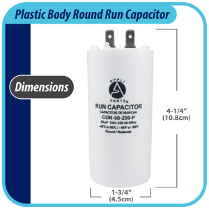 Appli Parts Condensador Capacitor de Marcha 50 Mfd uF (microfaradios) 250VAC CBB60 Cuerpo plastico para bombas de agua y otras aplicaciones Redondo UL E476928 10.8cm Alto 4.5cm Ancho CON-50-250-P