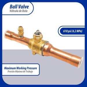Appli Parts APBV-058 Valvula de Cierre 5/8 pulg tipo Bola de conexion soldable con puerto de servicio SAE de 1/4 de pulg presion maxima de trabajo 610 psi temperaturas de -30 C a 120 C longitud total 165 mm Appli Parts APBV-058 Valvula de Cierre 5/8 pulg tipo Bola de conexion soldable con puerto de servicio SAE de 1/4 de pulg presion maxima de trabajo 610 psi temperaturas de -30 C a 120 C longitud total 165 mm
