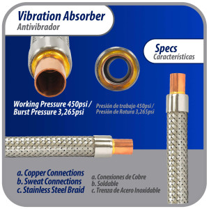 Appli Parts APVE-34 Antivibrador 3/4 pulg Soldable Eliminador de Vibracion 25cm Largo 450psi presion maxima de trabajo y 3.265psi presion de rotura Appli Parts APVE-34 Antivibrador 3/4 pulg Soldable Eliminador de Vibracion 25cm Largo 450psi presion maxima de trabajo y 3.265psi presion de rotura