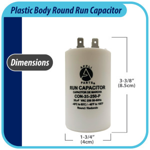 Appli Parts Condensador Capacitor de Marcha 35 Mfd uF (microfaradios) 250VAC CBB60 Cuerpo plastico para bombas de agua y otras aplicaciones Redondo UL E476928 8.5 cm Alto 4 cm Ancho CON-15-250-P