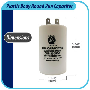 Appli Parts Condensador Capacitor de Marcha 30 Mfd uF (microfaradios) 250VAC CBB60 Cuerpo plastico para bombas de agua y otras aplicaciones Redondo UL E476928 8.5 cm Alto 4 cm Ancho CON-15-250-P Appli Parts Condensador Capacitor de Marcha 30 Mfd uF (microfaradios) 250VAC CBB60 Cuerpo plastico para bombas de agua y otras aplicaciones Redondo UL E476928 8.5 cm Alto 4 cm Ancho CON-15-250-P