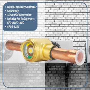 Appli Parts APSG-12AS Visor de Liquido 1/2 pulg Indicador de Humedad con conexiones Soldable con cuerpo solido para Sistemas de Refrigeracion y Aire Acondicionado compatible con refrigerantes CFC, HCFC, HFC