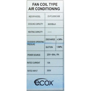 Fan Coil 36.000btu Compatible con R410A, 230v/60hz/1ph Ecox Inverter Eivfcu036cxxb (Solo Con Eivcu036cxxb)