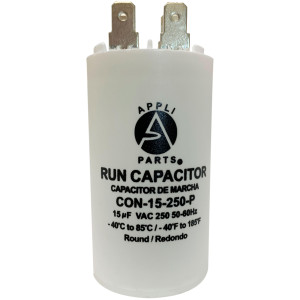 Appli Parts Condensador Capacitor de Marcha 15 Mfd uF (microfaradios) 250VAC CBB60 Cuerpo plastico para bombas de agua y otras aplicaciones Redondo UL E476928 7.5cm Alto 3.5cm Ancho CON-15-250-P