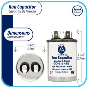 Appli Parts Condensador Capacitor de Marcha 4 Mfd uF (microfaradios) 370VAC o 450VAC CBB65 Universal Aire acondicionado y otras aplicaciones Redondo UL E476928 6.4cm Alto 3.7cm Ancho CON-4-450 Appli Parts Condensador Capacitor de Marcha 4 Mfd uF (microfaradios) 370VAC o 450VAC CBB65 Universal Aire acondicionado y otras aplicaciones Redondo UL E476928 6.4cm Alto 3.7cm Ancho CON-4-450