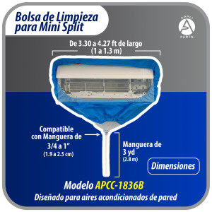 Appli Parts APCC-1836B Bolsa de Mantenimiento o Limpieza Mini Split de 1.5 - 3 Toneladas (18,000 a 36,000 Btu) equipos de 1 a 1.3 m, Impermeable, Manguera de 2.8 m para Drenaje, con Placa de Soporte.