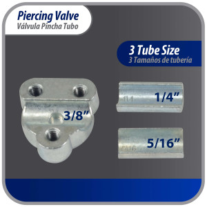 Appli Parts APT-PV210 Valvula perforadora 1/4, 5/16 o 3/8 pulg tipo bala con adaptadores y empacadura para sistemas de refrigeracion con puerto de servicio SAE de 1/4 pulg Appli Parts APT-PV210 Valvula perforadora 1/4, 5/16 o 3/8 pulg tipo bala con adaptadores y empacadura para sistemas de refrigeracion con puerto de servicio SAE de 1/4 pulg