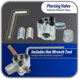 Appli Parts APT-PV210 Valvula perforadora 1/4, 5/16 o 3/8 pulg tipo bala con adaptadores y empacadura para sistemas de refrigeracion con puerto de servicio SAE de 1/4 pulg Appli Parts APT-PV210 Valvula perforadora 1/4, 5/16 o 3/8 pulg tipo bala con adaptadores y empacadura para sistemas de refrigeracion con puerto de servicio SAE de 1/4 pulg