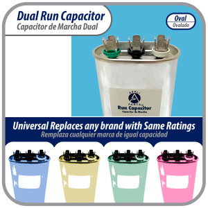 Appli Parts CON-55/5-370 Condensador Capacitor de Marcha 55+5 Mfd uF (microfaradios) 370VAC CBB65 Universal Aire acondicionado y otras aplicaciones Ovalado UL, 7.1cm Ancho 4.5cm Prof 12.7cm Alto