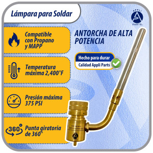 Appli Parts APHT-1 Soplete Boquilla de Soldar, Antorcha, Lampara para usar con Propano o Mapp en plomeria electricidad refrigeracion aire acondicionado y mas
