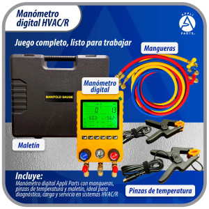 Appli Parts APMG-D100B Juego Manometro Digital para Refrigeracion HVAC Incluye Mangueras, Pinzas de Temperatura y Maletin. Rango -14.5 a 800 psi. Calculo de Sobrecalentamiento y Subenfriamiento