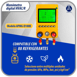 Appli Parts APMG-D100B Juego Manometro Digital para Refrigeracion HVAC Incluye Mangueras, Pinzas de Temperatura y Maletin. Rango -14.5 a 800 psi. Calculo de Sobrecalentamiento y Subenfriamiento