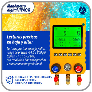 Appli Parts APMG-D100B Juego Manometro Digital para Refrigeracion HVAC Incluye Mangueras, Pinzas de Temperatura y Maletin. Rango -14.5 a 800 psi. Calculo de Sobrecalentamiento y Subenfriamiento