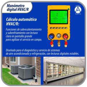 Appli Parts APMG-D100B Juego Manometro Digital para Refrigeracion HVAC Incluye Mangueras, Pinzas de Temperatura y Maletin. Rango -14.5 a 800 psi. Calculo de Sobrecalentamiento y Subenfriamiento