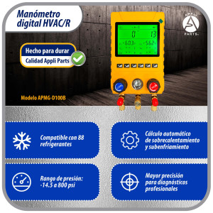 Appli Parts APMG-D100B Juego Manometro Digital para Refrigeracion HVAC Incluye Mangueras, Pinzas de Temperatura y Maletin. Rango -14.5 a 800 psi. Calculo de Sobrecalentamiento y Subenfriamiento