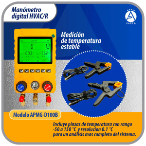 Appli Parts APMG-D100B Juego Manometro Digital para Refrigeracion HVAC Incluye Mangueras, Pinzas de Temperatura y Maletin. Rango -14.5 a 800 psi. Calculo de Sobrecalentamiento y Subenfriamiento