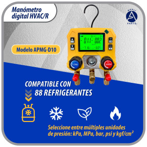 Appli Parts APMG-D10 Juego Manometro Digital para Refrigeracion HVAC/R Manifold Digital para Aire Acondicionado Rango -14.5 a 800 psi 88 Refrigerantes Unidades kPa MPa bar psi kg/cm2