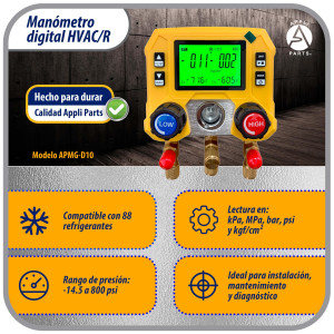 Appli Parts APMG-D10 Juego Manometro Digital para Refrigeracion HVAC/R Manifold Digital para Aire Acondicionado Rango -14.5 a 800 psi 88 Refrigerantes Unidades kPa MPa bar psi kg/cm2