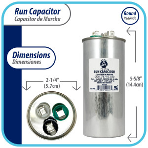 Appli Parts Condensador Capacitor de Marcha 75+10 Mfd uF (microfaradios) 370VAC o 450VAC CBB65 Universal Aire acondicionado y aplicaciones Redondo UL E476928 14.4cm Alto 5.7cm Ancho CON-75/10-450
