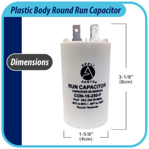 Appli Parts Condensador Capacitor de Marcha 16 Mfd uF (microfaradios) 250VAC CBB60 Cuerpo plastico para bombas de agua y otras aplicaciones Redondo UL E476928 8 cm Alto 4 cm Ancho CON-15-250-P Appli Parts Condensador Capacitor de Marcha 16 Mfd uF (microfaradios) 250VAC CBB60 Cuerpo plastico para bombas de agua y otras aplicaciones Redondo UL E476928 8 cm Alto 4 cm Ancho CON-15-250-P