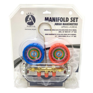 Appli Parts APMG-A3B36 Manometro R134,R22,R404,R410, Escala Presion psi, Escala Temperatura Fahrenheit, Cuerpo de Laton, Incluye adaptor 5/16 SAE a 1/4 SAE y Juego de Mangueras 90 cm 1/4 SAE Appli Parts APMG-A3B36 Manometro R134,R22,R404,R410, Escala Presion psi, Escala Temperatura Fahrenheit, Cuerpo de Laton, Incluye adaptor 5/16 SAE a 1/4 SAE y Juego de Mangueras 90 cm 1/4 SAE