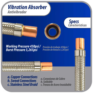 Appli Parts APVE-78 Antivibrador 7/8 pulg Soldable Eliminador de Vibracion 29cm Largo 450psi presion maxima de trabajo y 3.265psi presion de rotura Appli Parts APVE-78 Antivibrador 7/8 pulg Soldable Eliminador de Vibracion 29cm Largo 450psi presion maxima de trabajo y 3.265psi presion de rotura