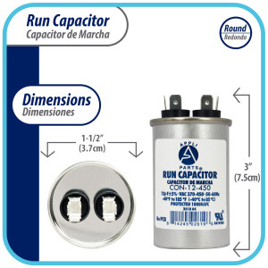 Appli Parts Condensador Capacitor de Marcha 12 Mfd uF (microfaradios) 370VAC o 450VAC CBB65 Universal Aire acondicionado y otras aplicaciones Redondo UL E476928 7.5cm Alto 3.7cm Ancho CON-12-450 Appli Parts Condensador Capacitor de Marcha 12 Mfd uF (microfaradios) 370VAC o 450VAC CBB65 Universal Aire acondicionado y otras aplicaciones Redondo UL E476928 7.5cm Alto 3.7cm Ancho CON-12-450