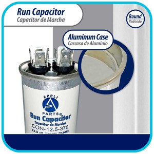 Appli Parts Condensador Capacitor de Marcha 12.5 Mfd uF (microfaradios) 370VAC CBB65 Universal Aire acondicionado y otras aplicaciones Redondo UL E476928 7.6cm Alto 4.1cm Ancho CON-112.5-370-R Appli Parts Condensador Capacitor de Marcha 12.5 Mfd uF (microfaradios) 370VAC CBB65 Universal Aire acondicionado y otras aplicaciones Redondo UL E476928 7.6cm Alto 4.1cm Ancho CON-112.5-370-R