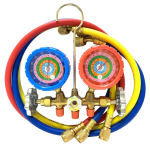 Appli Parts APMB-A3B36S Manometro R134,R22,R404,R410 1/4in SAE, Escala Presion psi, Escala Temperatura Fahrenheit, Cuerpo de Laton con Visor, Adaptor 5/16 SAE a 1/4 SAE y Mangueras de 90cm 1/4 SAE