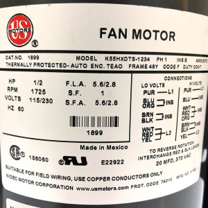 US Motor 1/2Hp 1075 rpm, 4 polos, 1 eje, Cerramiento, TEAO, 1 velocidad, 5.6 diametro, 48 Frame CCW Lead End Reversible 115-230V/60Hz/1Ph 20mfd/370Vac Run Capacitor 1899 K055DTS1234012B US Motor 1/2Hp 1075 rpm, 4 polos, 1 eje, Cerramiento, TEAO, 1 velocidad, 5.6 diametro, 48 Frame CCW Lead End Reversible 115-230V/60Hz/1Ph 20mfd/370Vac Run Capacitor 1899 K055DTS1234012B