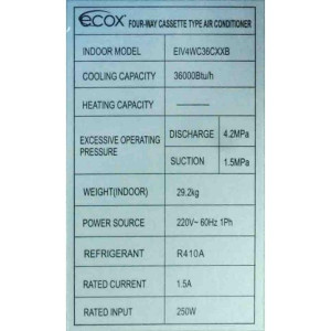 Cassette 4 Vias 36.000btu Compatible con R410A, 230v/60hz/1ph Ecox Inverter Eiv4wc36cxxb (Solo Con Eivcu036cxxb)