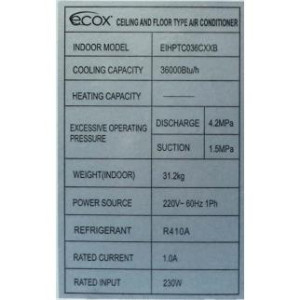 Consola Piso-Techo 36.000btu Compatible con R410A, 230v/60hz/1ph Ecox Inverter Eihptc036cxxb (Solo Con Eihcu036cxxb)