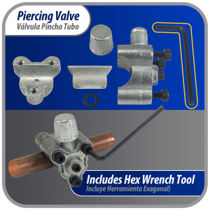 Appli Parts APT-PV310 Valvula perforadora 1/2, 5/8 pulg tipo bala con adaptadores y sello para sistemas de refrigeracion con puerto de servicio SAE de 1/4 pulg Appli Parts APT-PV310 Valvula perforadora 1/2, 5/8 pulg tipo bala con adaptadores y sello para sistemas de refrigeracion con puerto de servicio SAE de 1/4 pulg