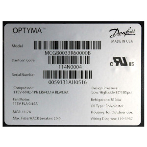 Danfoss MCGB0033R60000B 1/3HP+, R134a Unidad Condensadora para Refrigeracion, Cobre y Aluminio MBP 115/1/60 (V/Ph/Hz) 1 Ventilador, Compresor Fraccionario NF11FX, 114N0004 Danfoss MCGB0033R60000B 1/3HP+, R134a Unidad Condensadora para Refrigeracion, Cobre y Aluminio MBP 115/1/60 (V/Ph/Hz) 1 Ventilador, Compresor Fraccionario NF11FX, 114N0004