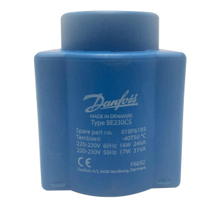 Danfoss 018F6193 Bobina para Solenoide  220-230 V, 60 Hz, 14 W, 50 Hz, 17 W, IP20, BE230CS, Conexion DIN 