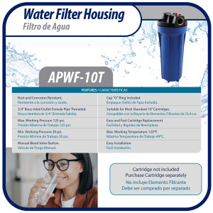 Appli Parts APWF-10A Filtro de Agua de 10 pulg color Azul con Conector Hembra de 3/4 pulg de Bronce (No incluye el elemento filtrante) Appli Parts APWF-10A Filtro de Agua de 10 pulg color Azul con Conector Hembra de 3/4 pulg de Bronce (No incluye el elemento filtrante)