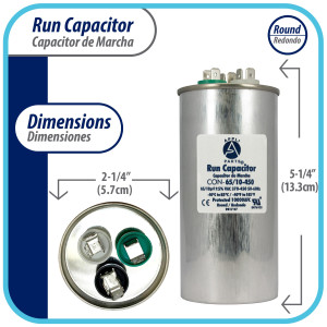 Appli Parts Condensador Capacitor de Marcha 65+10 Mfd uF (microfaradios) 370VAC o 450VAC CBB65 Universal Aire acondicionado y aplicaciones Redondo UL E476928 13.3cm Alto 5.7cm Ancho CON-65/10-450