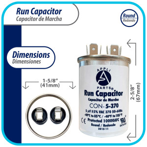 Appli Parts Condensador Capacitor de Marcha 5 Mfd uF (microfaradios) 370VAC CBB65 Universal Aire acondicionado y otras aplicaciones Redondo UL E476928 6.7cm Alto 4.1cm Ancho CON-5-370-R Appli Parts Condensador Capacitor de Marcha 5 Mfd uF (microfaradios) 370VAC CBB65 Universal Aire acondicionado y otras aplicaciones Redondo UL E476928 6.7cm Alto 4.1cm Ancho CON-5-370-R