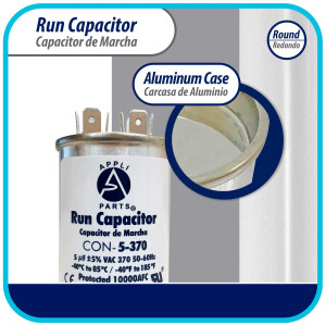 Appli Parts Condensador Capacitor de Marcha 5 Mfd uF (microfaradios) 370VAC CBB65 Universal Aire acondicionado y otras aplicaciones Redondo UL E476928 6.7cm Alto 4.1cm Ancho CON-5-370-R Appli Parts Condensador Capacitor de Marcha 5 Mfd uF (microfaradios) 370VAC CBB65 Universal Aire acondicionado y otras aplicaciones Redondo UL E476928 6.7cm Alto 4.1cm Ancho CON-5-370-R