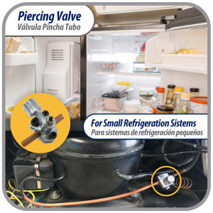 Appli Parts APT-PV110 Valvula perforadora 1/4, 5/16 o 3/8 pulg, tipo bala con adaptadores y sello para sistemas de refrigeracion con puerto de servicio SAE de 1/4 pulg Appli Parts APT-PV110 Valvula perforadora 1/4, 5/16 o 3/8 pulg, tipo bala con adaptadores y sello para sistemas de refrigeracion con puerto de servicio SAE de 1/4 pulg