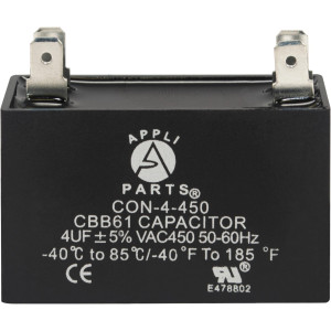Appli Parts CAP-4-450 Condensador Capacitor de ventilador 4 mfd (microfaradios) uf 450VAC con conectores compatible con cualquier marca de igual capacitancia 4.7cm Ancho 1.8cm Profundidad 3.7cm Alto
