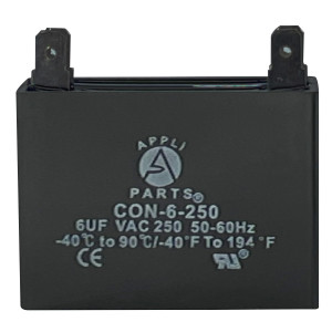 Appli Parts Condensador Capacitor de ventilador 6 mfd (microfaradios) uf 250VAC con conectores compatible con cualquier marca de igual capacitancia 4.7cm Ancho 1.8cm Profundidad 4.3cm Alto CAP-6-250
