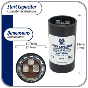 Appli Parts Condensador Capacitor Arranque 108-130 Mfd (microfaradios) uF 250 VAC remplazo universal para motores electricos de distintas aplicaciones 3.7cm Diametro 7cm Alto CON-108-250
 Appli Parts Condensador Capacitor Arranque 108-130 Mfd (microfaradios) uF 250 VAC remplazo universal para motores electricos de distintas aplicaciones 3.7cm Diametro 7cm Alto CON-108-250