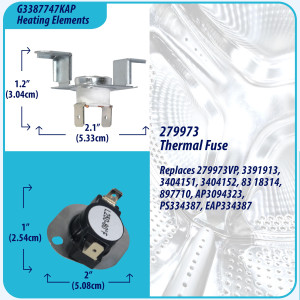 Appli Parts 3387747 Kit Resistencia Secadora 3387747KAP Compatible Kenmore Samsung Whirlpool KitchenAid y otras. 1 resistencia 3387747, 1 termostato 279816AP y 1 fusible termico 279973AP y 3392519AP