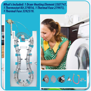 Appli Parts 3387747 Kit Resistencia Secadora 3387747KAP Compatible Kenmore Samsung Whirlpool KitchenAid y otras. 1 resistencia 3387747, 1 termostato 279816AP y 1 fusible termico 279973AP y 3392519AP