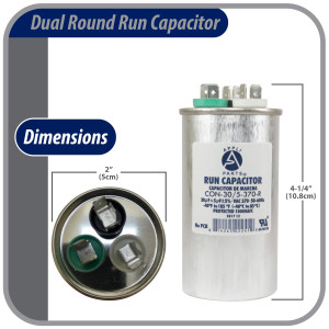 Appli Parts Condensador Capacitor de Marcha 30+5 Mfd uF (microfaradios) 370VAC CBB65 Universal Aire acondicionado y otras aplicaciones Redondo UL E476928 10.8cm Alto 5cm Ancho CON-30/5-370-R