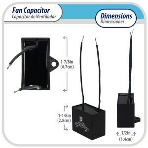 Appli Parts CAP-3.5-250-2C Condensador Capacitor de ventilador 3.5 mfd (microfaradios) uf 250VAC con 2 cables compatible con cualquier marca de igual capacitancia 4.7cm Ancho 1.4cm Prof. 2.8cm Alto